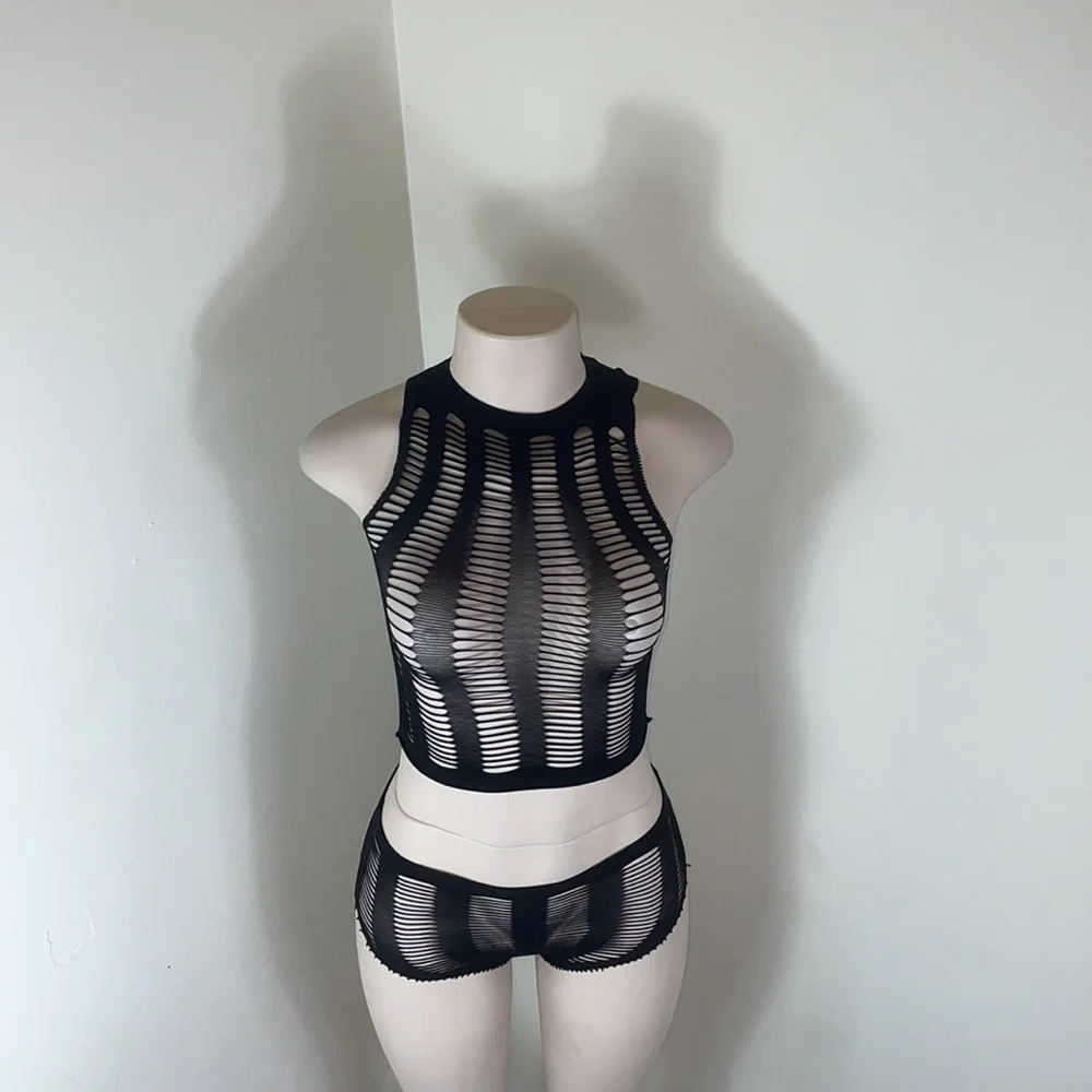 Sexy Black Stretchy Mesh Fishnet Cutout High Waist